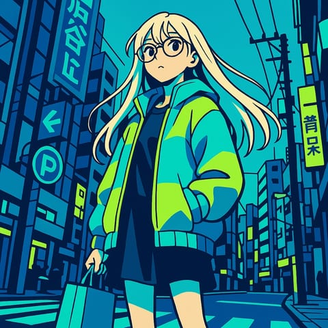 ネオンカラーの都市とキャラクターのグラフィックイラスト
