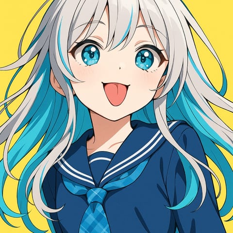 黄色い背景に青い髪のキャラクターを描いたポップアニメ