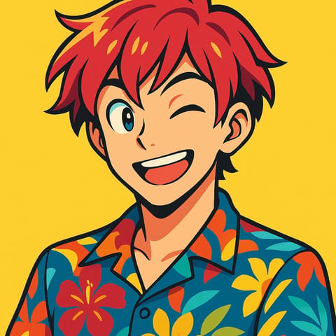 花柄シャツを着た人物の鮮やかなポップイラスト