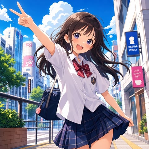 青空の都市を背景にしたアニメ調のキャラクター