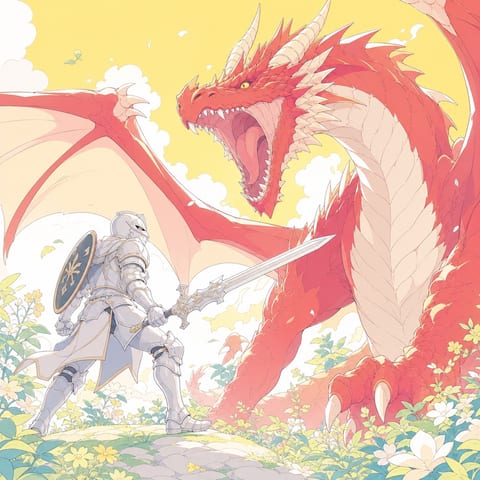 赤いドラゴンに対峙する騎士のファンタジーイラスト