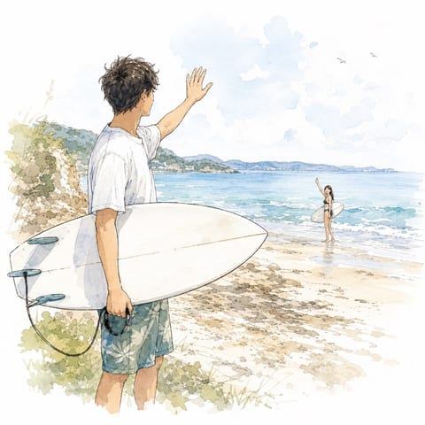 サーフボードを持って海辺で手を振る二人の水彩イラスト