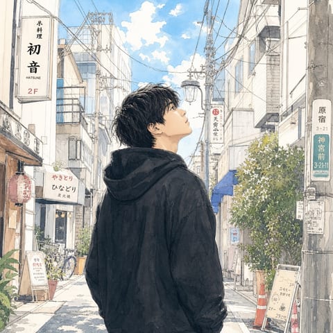 東京の路地で空を見上げる人物の水彩イラスト