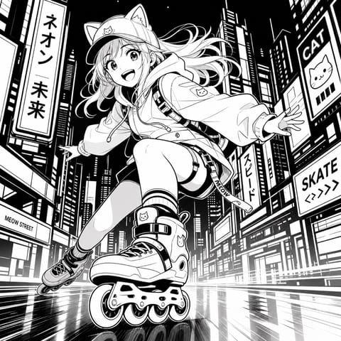 都会で滑るキャラクターのモノクロコミック風イラスト