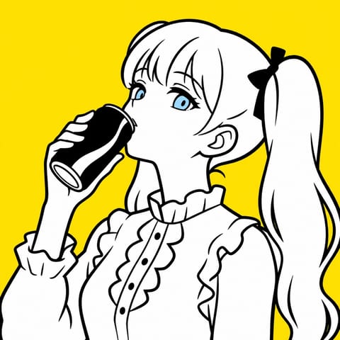 黄色い背景でドリンクを飲む人物の太線イラスト