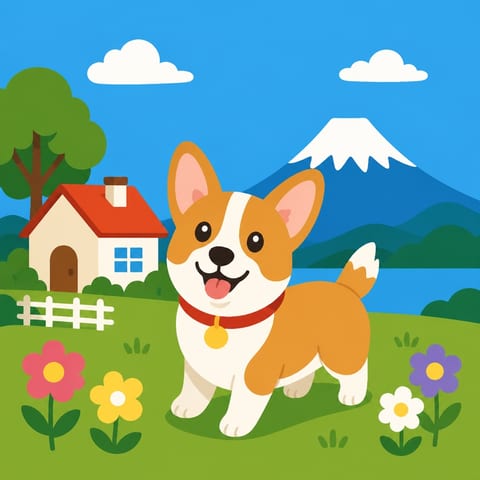 富士山を背景にしたフラットなコーギーのイラスト