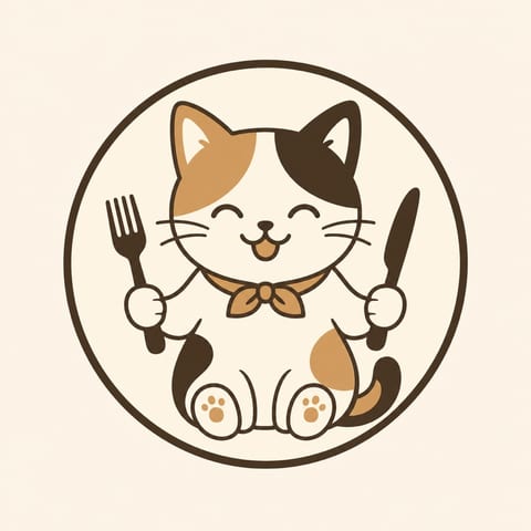 フォークとナイフを持つ三毛猫の円形アイコン