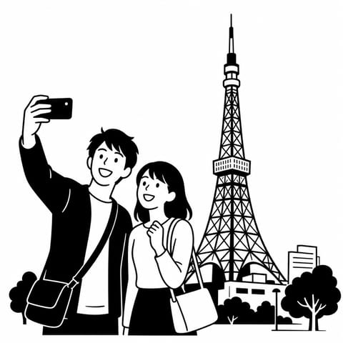 東京タワーの前で写真を撮るカップルのモノクロイラスト