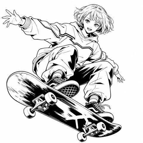 スケートボードで跳ぶ人物のダイナミックなモノクロ線画