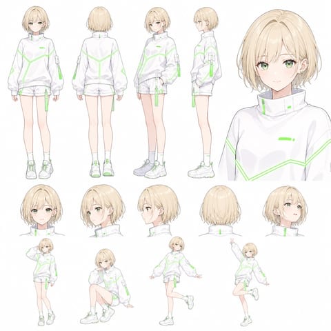 衣装と表情、ポーズを多方向から描いたキャラクター設定画