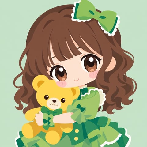 緑のドレスでぬいぐるみを抱くデフォルメキャラクター