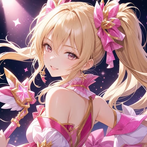 星空を背景にしたピンクの衣装のファンタジーキャラクター