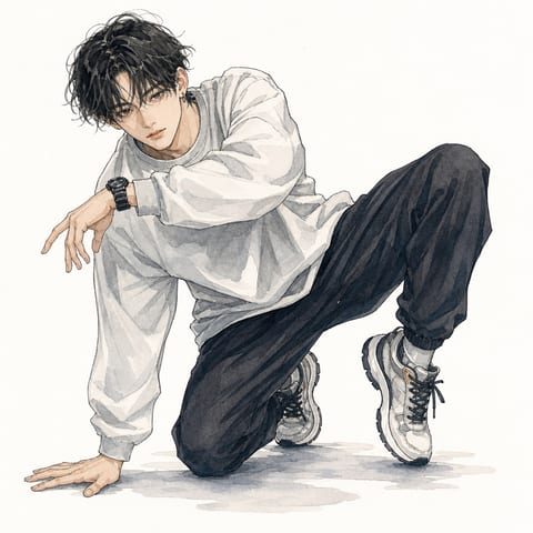 カジュアルな男性を描いた水彩ファッションイラスト