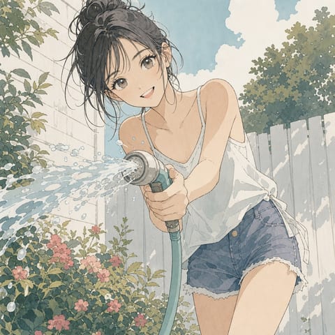 庭で水やりをする女性の淡い水彩イラスト