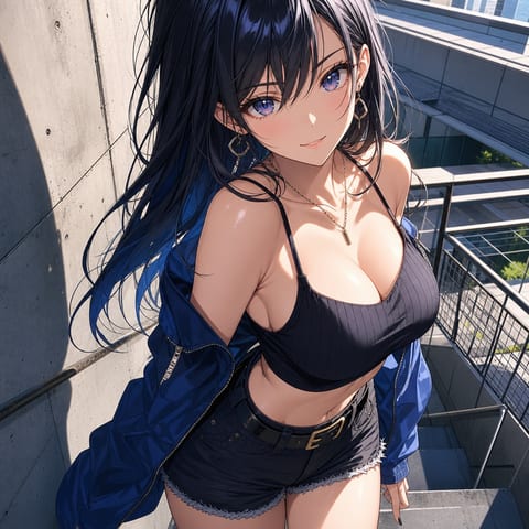 都市の階段に立つ女性の鮮やかなアニメ調イラスト