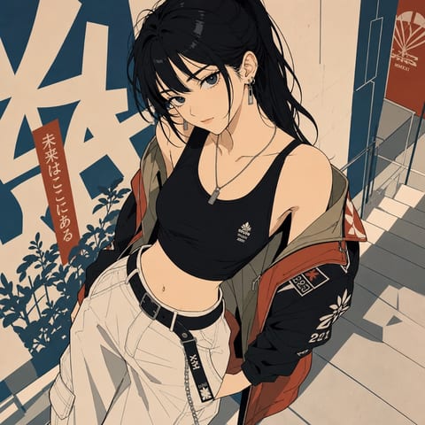 グラフィックな背景とストリートファッションの人物イラスト
