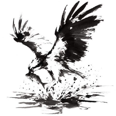 魚を捕らえる鷲を描いた墨絵