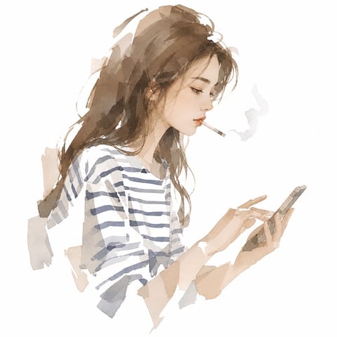 スマートフォンを見る人物の余白を生かした水彩画