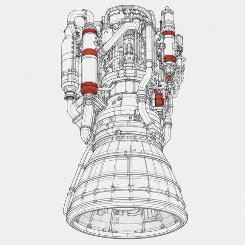 赤いアクセントを加えたロケットエンジンの精密線画