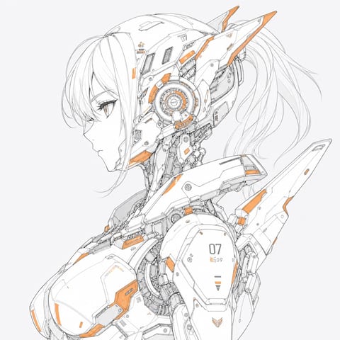 白とオレンジの精密なメカニカルキャラクター線画
