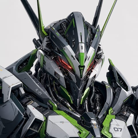 黒と緑の装甲を持つ精密なメカキャラクター