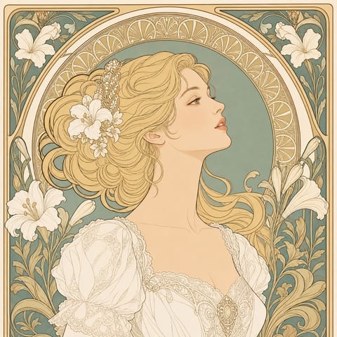 アールヌーヴォー調の女性と花の装飾画