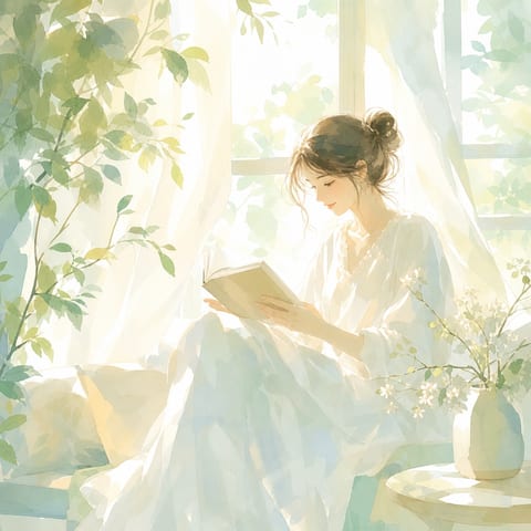 窓辺で読書をする女性の淡い水彩画