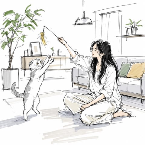 室内で猫と遊ぶ女性の軽やかなスケッチ