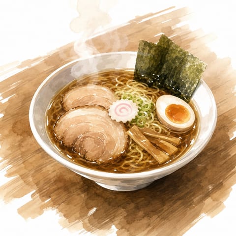 湯気の立つラーメンを描いた水彩フードイラスト