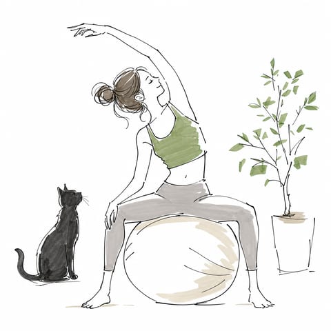 バランスボールでヨガをする女性と黒猫、植栽を描いたマーカー線画