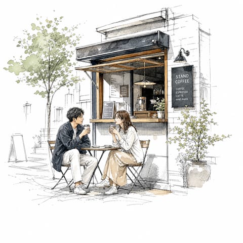 小さなスタンドカフェの前でコーヒーを飲む男女のインクと水彩によるイラスト