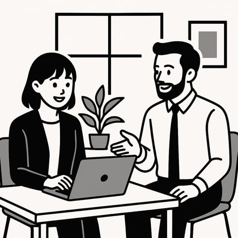 テーブルで会話する二人を描いたビジネス向けイラスト
