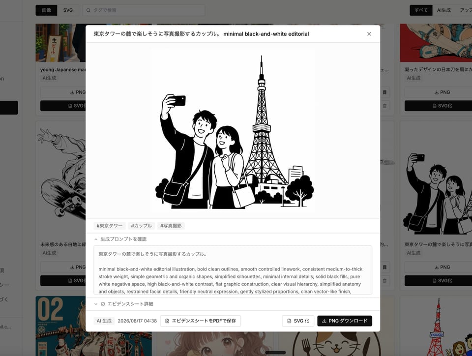 PixVecの画像詳細画面。生成プロンプト、エビデンスシート保存、SVG化、PNGダウンロードを操作できる。