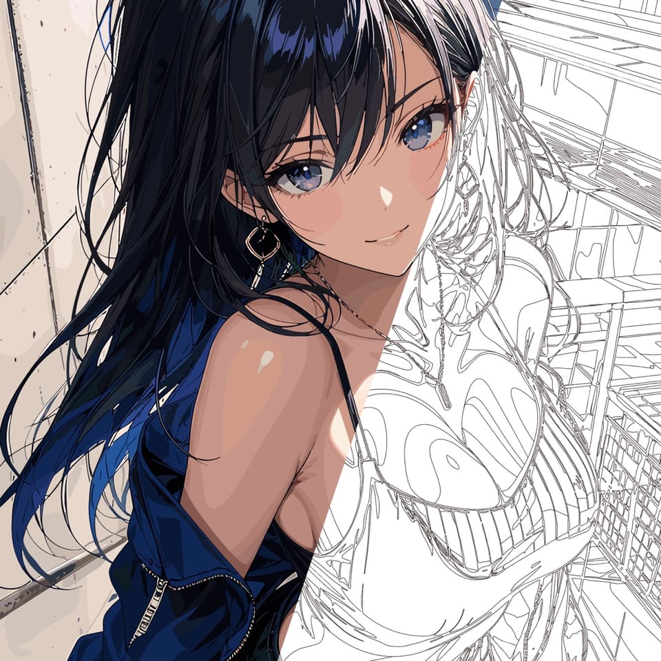 キャラクターイラストをカラー画像から精密な線画へ変換した比較例